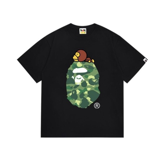 Black BAPE T-Shirt with Green Camo Ape Head and Baby Milo Print